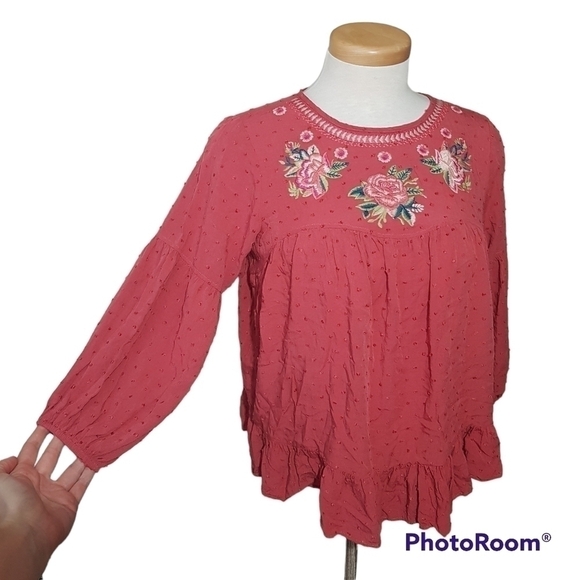 Solitaire Embroidered Swiss Dot Long Sleeved Blouse With Ruffle Hem - Picture 5 of 11